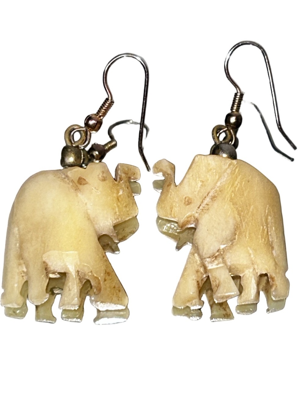Vintage Hand Carved Bone Elephant Dangle Earrings Southwestern Boho Safari Tribe